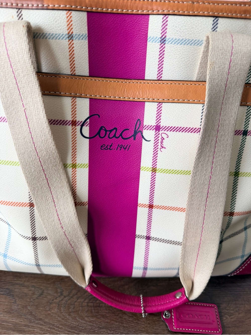 COACH | Heritage Stripe Tattersall Plaid Tote | Plaid Shoulder Bag | Travel Tote - Picture 6 of 17